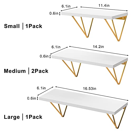 Fixwal 4 Set White Floating Shelves Wall Shelves , Shelves for Wall Decor, White Wall Shelves with Golden Metal Brackets for Bedroom, Living Room, Bathroom, Kitchen, Office Decor