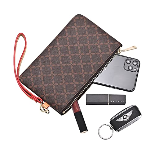 Luxury Wristlet Clutch Bag | Small Zip Pouch Handbag w. Card Slots | Classic Phone Purse Wallet for Men Women - Coated Canvas (Brown)