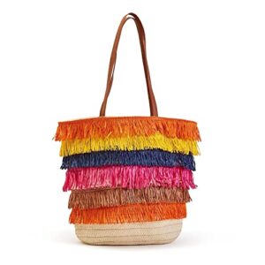 two’s company woven tote bag with colorful fringe