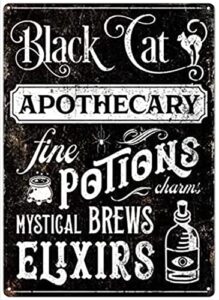 curteny tin sign vintage wall poster retro metal black cat apothecary fine potions & elixirs holiday wall poster plaque for home kitchen bar coffee shop 8×12 inch