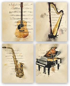 vintage music note wall art prints, retro musical instrument art posters for music studio decor, guitar harp piano saxophone canvas art painting, gifts for music lovers, set of 4-(8″x10″ unframed)