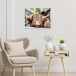 LB Highland Cow Canvas Wall Art Funny Farm Brown Bull Canvas Prints Rustic Animal Cattle Artwork Country Modern Painting Picture Poster for Bathroom Bedroom Living Room Wall Decor,16x12 Inch