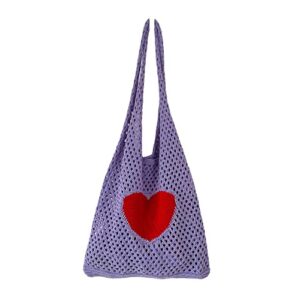 beach bag aesthetic knitted tote bag fairy grunge bag crochet with heart pattern tote bags(beige)