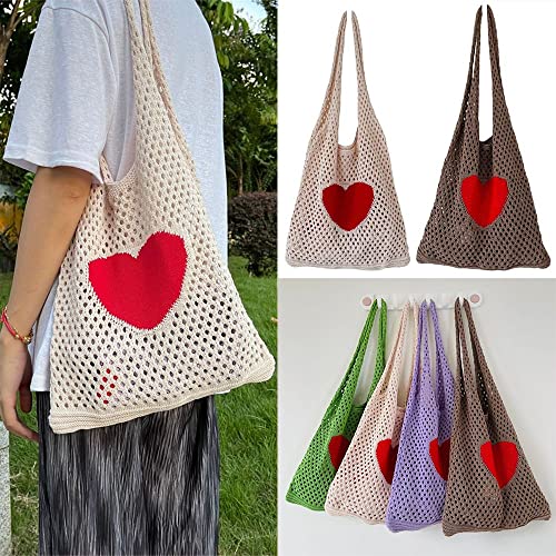 Beach Bag Aesthetic Knitted Tote Bag Fairy Grunge Bag Crochet with Heart Pattern Tote Bags(beige)