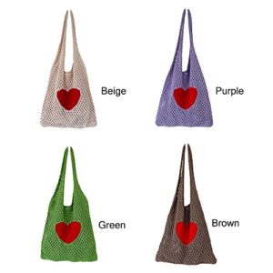 Beach Bag Aesthetic Knitted Tote Bag Fairy Grunge Bag Crochet with Heart Pattern Tote Bags(beige)