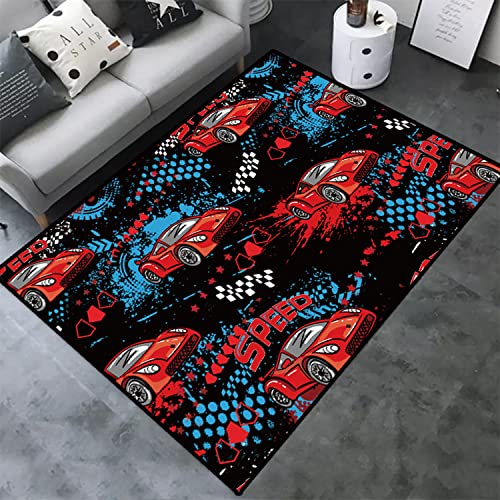 Large Area Rug for Kid's Bedroom 62.9" x 39.4", Speed Racing Car Carpets for Teen Boys Playroom, Home Decor Indoor Area Rugs Yoga Mat with Anti-Slip Rubber Back, Flannel Living Room Sofa Floor Mat