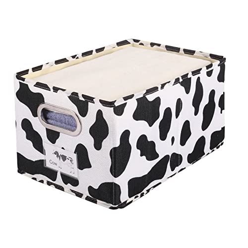 ANMINY Fabric Storage Bin Cow Print Cotton Linen Foldable Open Storage Basket Box with Handles PP Plastic Board Label Window Decorative Washable Desktop Closet Shelf Organizer Container - Medium