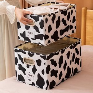 ANMINY Fabric Storage Bin Cow Print Cotton Linen Foldable Open Storage Basket Box with Handles PP Plastic Board Label Window Decorative Washable Desktop Closet Shelf Organizer Container - Medium