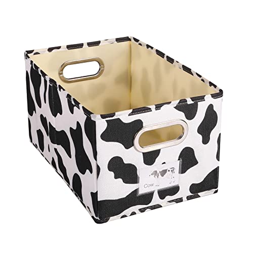 ANMINY Fabric Storage Bin Cow Print Cotton Linen Foldable Open Storage Basket Box with Handles PP Plastic Board Label Window Decorative Washable Desktop Closet Shelf Organizer Container - Medium