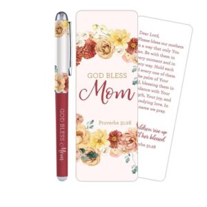 mothers day pen and bookmark gift set, god bless mom inspirational cardstock prayer card page tracker and journaling accessories, catholic keepsake for women, 5.5 inches