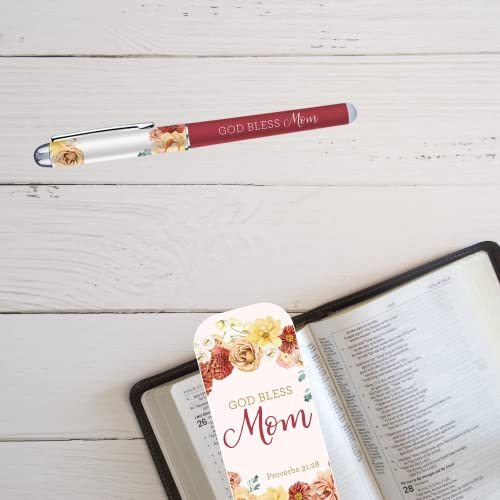 Mothers Day Pen and Bookmark Gift Set, God Bless Mom Inspirational Cardstock Prayer Card Page Tracker and Journaling Accessories, Catholic Keepsake for Women, 5.5 inches