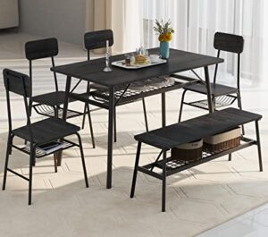 bealife dining table set for 6 with bench, 6 piece dinette set w/chairs for small space, kitchen table and chairs for 6 with rectangular table, bench, 4 chairs, storage rack, steel frame – black