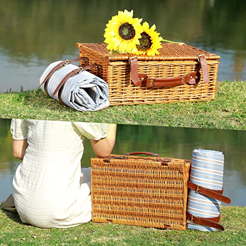 HYBDAMAI Willow Picnic Basket Set for 4 Persons with Waterproof Picnic Blanket, Wicker Picnic Basket for Camping, Outdoors, Valentine's Day, Christmas, Thanksgiving, Birthday