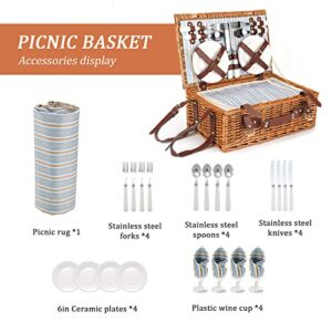 HYBDAMAI Willow Picnic Basket Set for 4 Persons with Waterproof Picnic Blanket, Wicker Picnic Basket for Camping, Outdoors, Valentine's Day, Christmas, Thanksgiving, Birthday