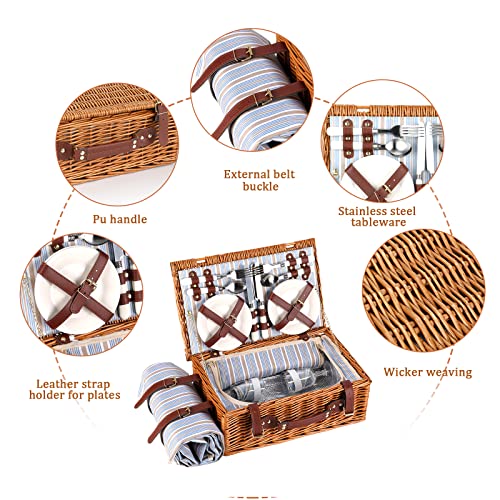 HYBDAMAI Willow Picnic Basket Set for 4 Persons with Waterproof Picnic Blanket, Wicker Picnic Basket for Camping, Outdoors, Valentine's Day, Christmas, Thanksgiving, Birthday