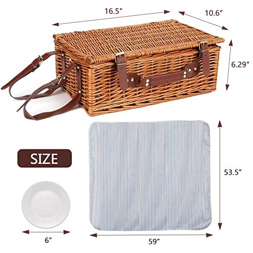 HYBDAMAI Willow Picnic Basket Set for 4 Persons with Waterproof Picnic Blanket, Wicker Picnic Basket for Camping, Outdoors, Valentine's Day, Christmas, Thanksgiving, Birthday