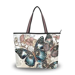 tote bag vintage blue butterfly print, large capacity zipper women grocery bags purse for daily life 2 sizes
