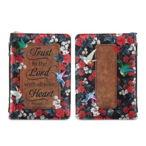 Trust in The Lord Proverbs Hummingbird Flower Pattern Christian Gifts Custom Book Bible Cover Premium Faux or Top Grain Leather