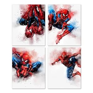 superhero spiderman wall decor poster prints spider room decor for boys birthday gift set of 4 nursery home wall poster decor unframed (8 x 10 inches)