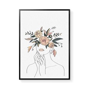 gxobocx canvas wall art modern abstract art blossom on woman face prints artwork minimalist line art for living room bathroom decor (black framed,16×22 inches)