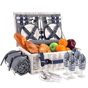 hybdamai willow picnic basket set for 4 persons with waterproof picnic blanket, wicker picnic basket for camping, outdoors, valentine’s day, christmas, thanksgiving, birthday