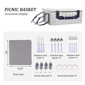 HYBDAMAI Willow Picnic Basket Set for 4 Persons with Waterproof Picnic Blanket, Wicker Picnic Basket for Camping, Outdoors, Valentine's Day, Christmas, Thanksgiving, Birthday