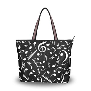 tote bag black white music notes print, large capacity zipper women grocery bags purse for daily life 2 sizes
