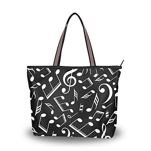 Tote Bag Black White Music Notes Print, Large Capacity Zipper Women Grocery Bags Purse for Daily Life 2 Sizes