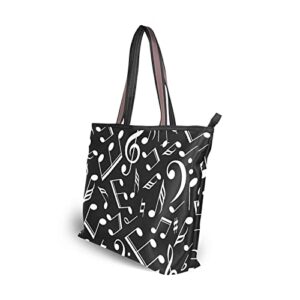 Tote Bag Black White Music Notes Print, Large Capacity Zipper Women Grocery Bags Purse for Daily Life 2 Sizes