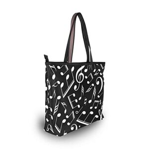 Tote Bag Black White Music Notes Print, Large Capacity Zipper Women Grocery Bags Purse for Daily Life 2 Sizes