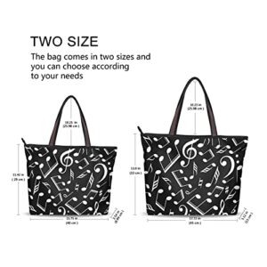 Tote Bag Black White Music Notes Print, Large Capacity Zipper Women Grocery Bags Purse for Daily Life 2 Sizes