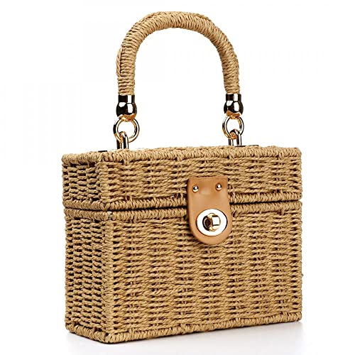 Women Rattan Bag Hand-Woven Rattan Crossbody Bag Straw Woven Bag with Leather Strap Summer Retro Beach Tote for Girls (Square Brown)