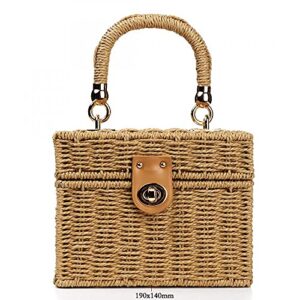 Women Rattan Bag Hand-Woven Rattan Crossbody Bag Straw Woven Bag with Leather Strap Summer Retro Beach Tote for Girls (Square Brown)