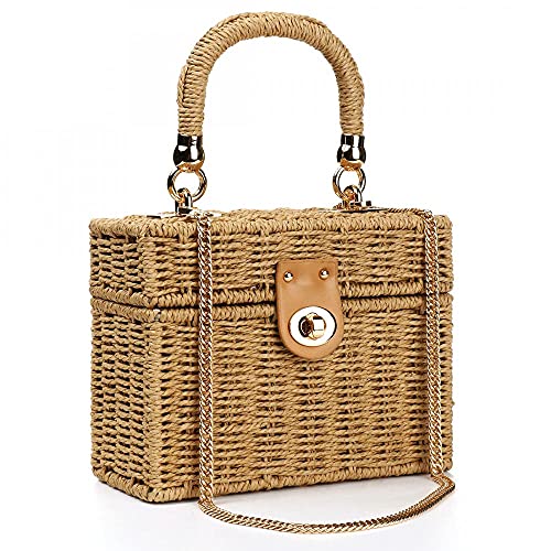 Women Rattan Bag Hand-Woven Rattan Crossbody Bag Straw Woven Bag with Leather Strap Summer Retro Beach Tote for Girls (Square Brown)