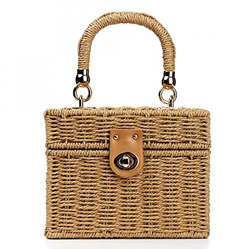 Women Rattan Bag Hand-Woven Rattan Crossbody Bag Straw Woven Bag with Leather Strap Summer Retro Beach Tote for Girls (Square Brown)