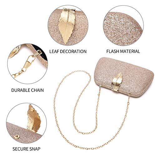 LOXOMU Evening Clutch Purses for Women, Small Glitter Wedding Purse, Wedding Clutches Handbags with Detachable Chain for Prom, Party (Gold Shimmer)