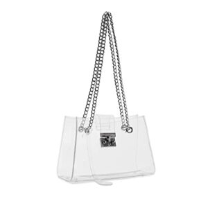 Leanoria Designer Clear Purse Tote Bag with Lock Chain Stadium Approved Clear PVC Plastic Bag Transparent See Through Handbag for Work (Silver)