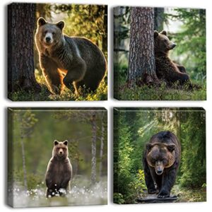 otostar 4 pieces wall art canvas prints – forest and bear picture painting – modern wall artwork framed for gifts bathroom home kitchen office decor – 12 x 12 inch