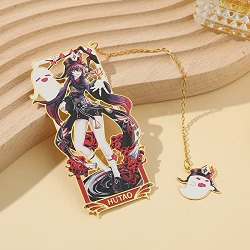 Genshin Impact Figure Metal Bookmark, Hot Adventure Game Venti, Yun Jin, Tartaglia, Zhongli Bookmark with Chain, Anime Gift for Women Fans Teacher Kids Book Lovers (Hutao)