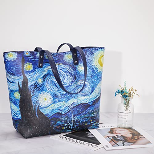 PU Leather Tote Bag for Women Reversible Blue Shoulder Bag Medium Size Tote Purse