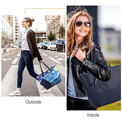 PU Leather Tote Bag for Women Reversible Blue Shoulder Bag Medium Size Tote Purse