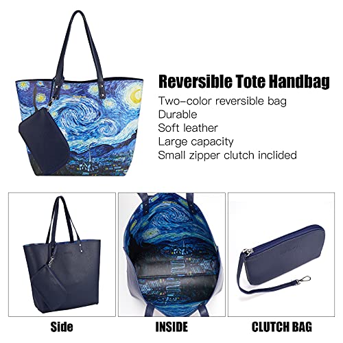 PU Leather Tote Bag for Women Reversible Blue Shoulder Bag Medium Size Tote Purse