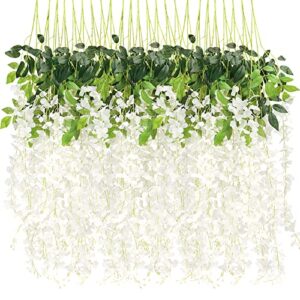 cewor 24pcs wisteria hanging flowers 3.7 ft artificial flowers wisteria vine fake flowers hanging garland silk flowers string for wedding party garden outdoor greenery home wall decoration (white)