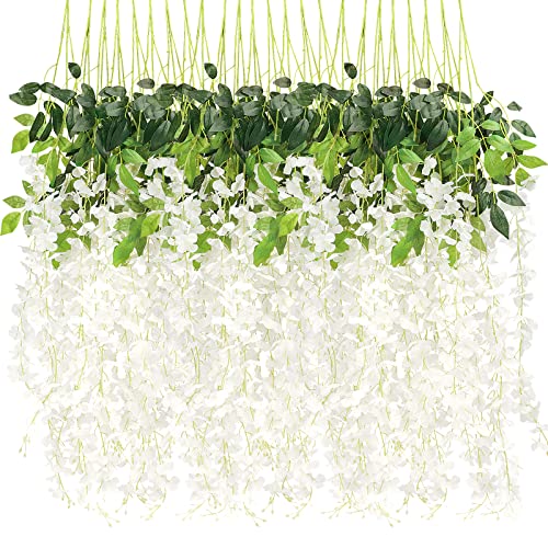 CEWOR 24pcs Wisteria Hanging Flowers 3.7 Ft Artificial Flowers Wisteria Vine Fake Flowers Hanging Garland Silk Flowers String for Wedding Party Garden Outdoor Greenery Home Wall Decoration (White)