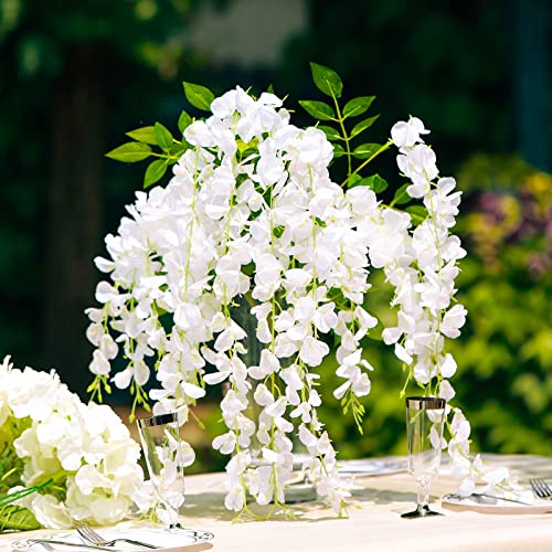 CEWOR 24pcs Wisteria Hanging Flowers 3.7 Ft Artificial Flowers Wisteria Vine Fake Flowers Hanging Garland Silk Flowers String for Wedding Party Garden Outdoor Greenery Home Wall Decoration (White)