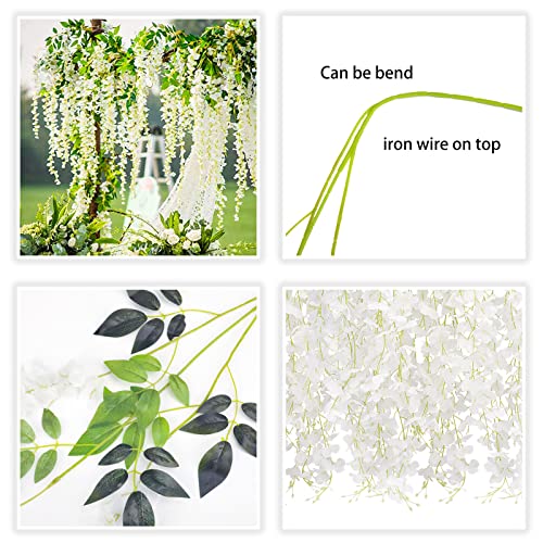 CEWOR 24pcs Wisteria Hanging Flowers 3.7 Ft Artificial Flowers Wisteria Vine Fake Flowers Hanging Garland Silk Flowers String for Wedding Party Garden Outdoor Greenery Home Wall Decoration (White)