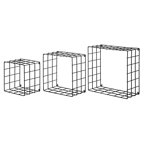 MyGift Modern Matte Black Metal Wire Mesh Wall Mounted Square Shadow Box Style Floating Display Shelves, Set of 3-11 inch, 10 inch, 8 inch