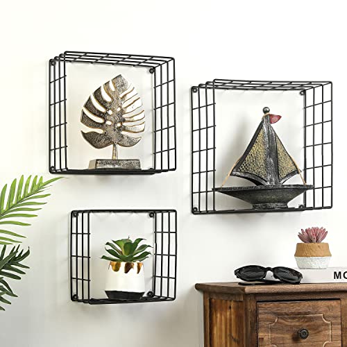 MyGift Modern Matte Black Metal Wire Mesh Wall Mounted Square Shadow Box Style Floating Display Shelves, Set of 3-11 inch, 10 inch, 8 inch