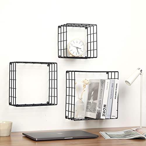 MyGift Modern Matte Black Metal Wire Mesh Wall Mounted Square Shadow Box Style Floating Display Shelves, Set of 3-11 inch, 10 inch, 8 inch