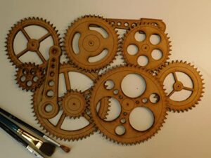 steampunk gears wall decor – eight gears, two push rods – unfinished – free shipping – wood gears